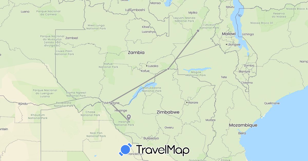 TravelMap itinerary: driving, plane in Zambia, Zimbabwe (Africa)